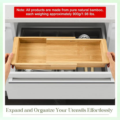 LemonRoad 1 Pcs Sliding Drawer Organizer 12.4-17.7 Inch Bin Bamboo Drawer Expandable Bins Utensil Organizer for Kitchen Spoons Forks Knives (Wood)