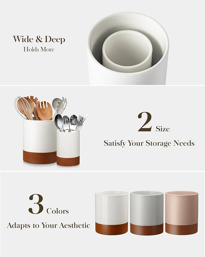 MALACASA Utensil Holder, 7.3"+5.5" Ceramic Kitchen Utensil Holder for Countertop, Large Cooking Utensil Crocks for Kitchen Counter, Farmhouse Utensils Organizer, Set of 2, Khaki White, Series TARA