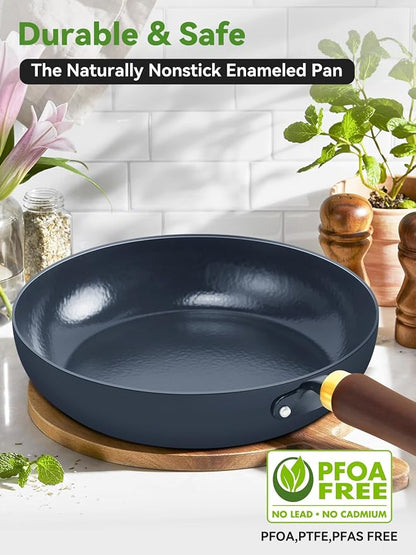 9.5" Enameled Carbon Steel Skillet, Nonstick Frying Pan with Stay-Cool Wooden Handle, Season-Free Stir-Fry Pan, Non-Toxic PTFE & PFOA Free Cookware, Oven-Safe & All Stovetops Compatible