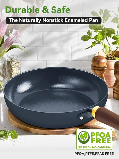 11" Enameled Carbon Steel Skillet, Nonstick Frying Pan with Stay-Cool Wooden Handle, Season-Free Stir-Fry Pan, Non-Toxic PTFE & PFOA Free Cookware, Oven-Safe & All Stovetops Compatible