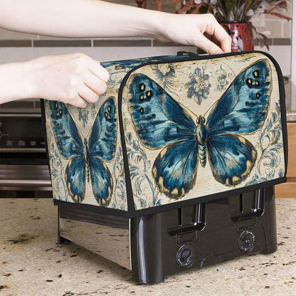 2 Slice Blue Butterfly Vintage Toaster Cover Waterproof Dust Fingerprint Bread Machine Cover Washable Kitchen Appliance Protector For Home Kitchen Bakeware Table Decor Women Gifts
