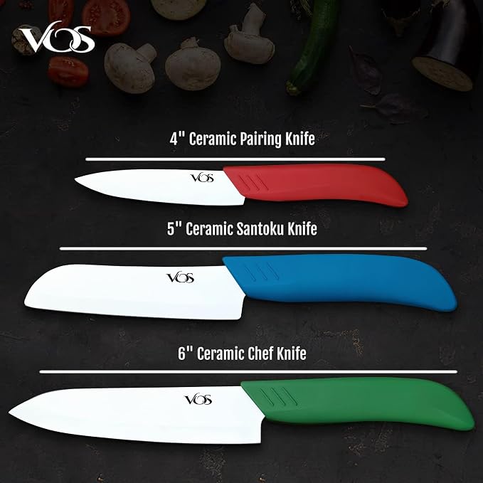 Vos Ceramic Knife Set in Elegant Gift Box, Ceramic Knives Set For Kitchen, Ultra Sharp Kitchen Knife Set with Covers, 4" 5" 6" Paring, Santoku & Chef Knife, Lightweight, Dishwasher safe (Multi-Color)