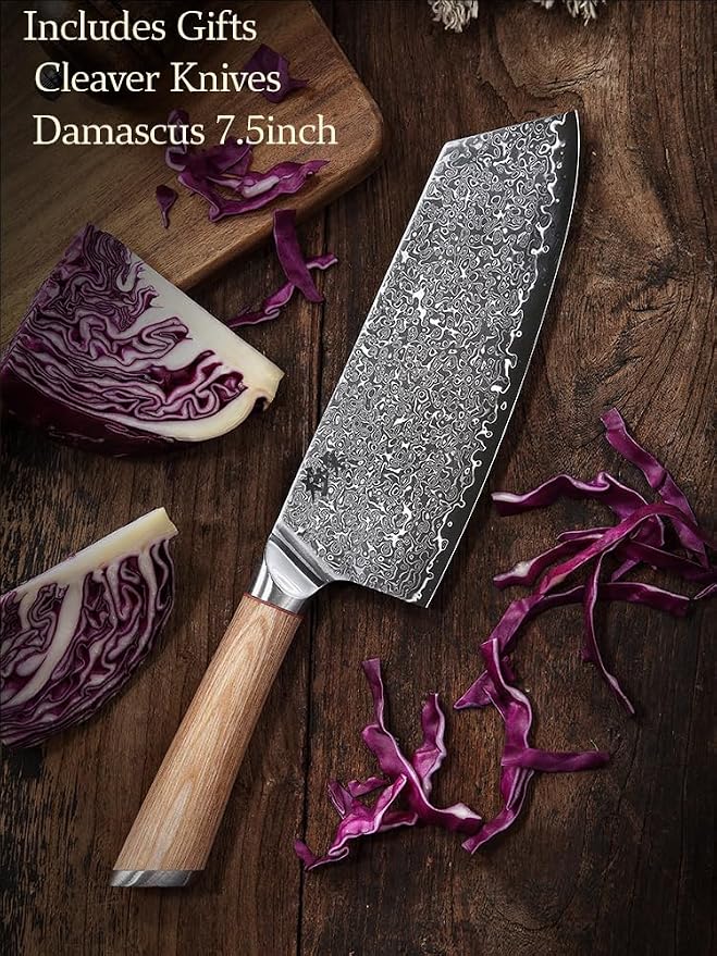 DONGSUN 7.5 Inch Damascus Taiwanese Cleaver with North American Black Walnut Sheath, 67-Layer VG10 Forged Steel Wide Blade Kitchen Knife, Professional Durable Sharpness