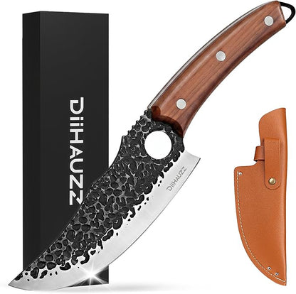 DiiHAUZZ Viking Chef Knife, 6 Inch Hand Forged High Carbon Steel - Ultra Sharp Butcher Boning Knife for BBQ Prep, Meat Cutting and Camping with Leather Sheath, Gifts for Men