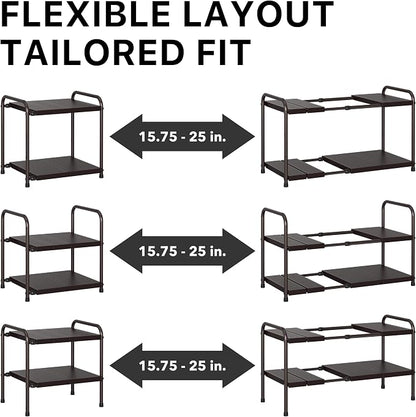 Simple Houseware Under Sink 2-Tier Heavy Duty Expandable Rack Organizer, Adjustable Width 15.75–25 Inches with 4 Shelf Height Levels, Bronze