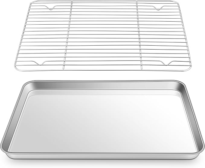 16 Inch Baking Sheet Pan with Rack Set, Joyfair Stainless Steel Toaster Oven Pans Tray & Cooling Racks for Cookie/Jelly Roll/Bacon/Meat, Commercial Metal & Rust-free, Dishwasher Safe