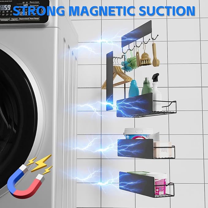 5 Pack Multifunctional Magnetic Shelves for Refrigerator Spice Rack & Washing Machine Organize (V style, Black)