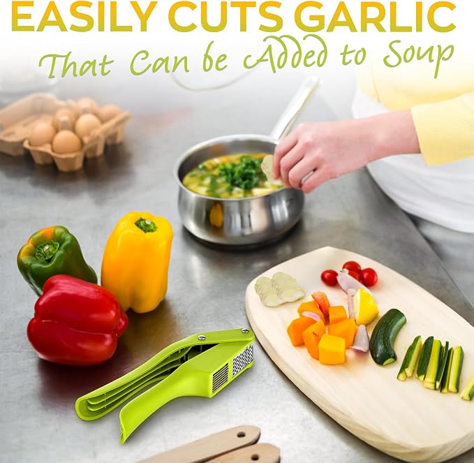 2 in 1 Garlic Slicer and Garlic Press - Multipurpose Garlic Press and Slicer, Stainless Steel and Durable Plastic, 7.6 x 1.7 x 2.5", Easy to Use and Clean, Good for Home and Commercial Use