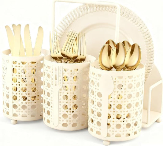 NelyBet Utensil Caddy Silverware Holder Fork Spoon Napkin Paper Plate Organizer Metal Utensil Holder Cutlery Flatware Organizers for Party Kitchen Countertop Camping Picnic - Cream Mesh