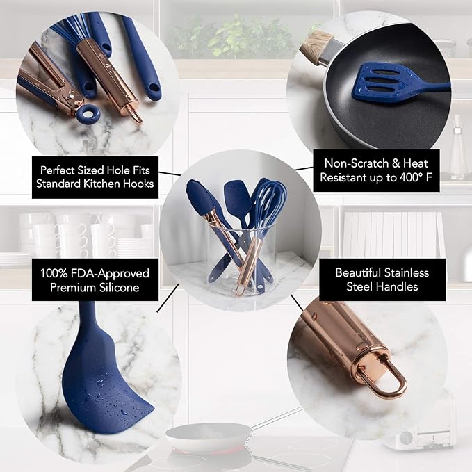 COOK WITH COLOR Silicone Cooking Utensils, Kitchen Utensil Set, Easy to Clean Silicone Kitchen Utensils, Cooking Utensils for Nonstick Cookware, Kitchen Gadgets Set, Mini, Navy