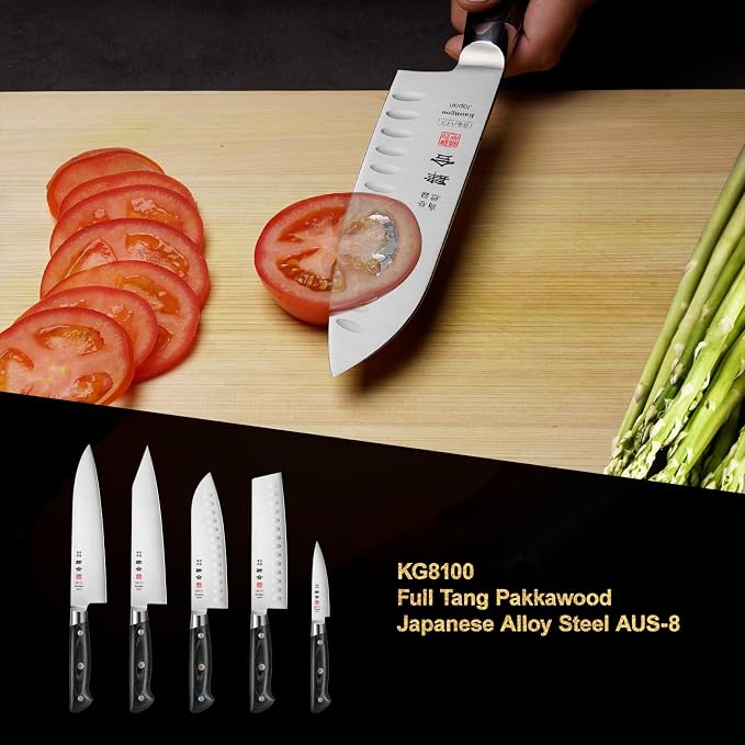 kanngou 7 Inch Santoku Knife, Japan AUS-8 Alloy Steel Japanese Knife with Full-Tang Black Pakkawood Handle, Vegetable Chopping Knife with Premium Gift Box (Classic Series)