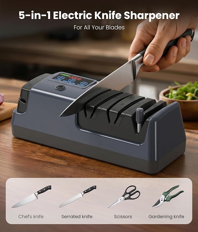 Electric Knife Sharpener for Kitchen - Professional 3-Stage Sharpening for Straight-Edge & Serrated Knives and Scissors, with 100% Diamond Abrasive (Grey)