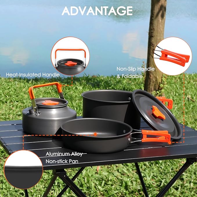 18Pcs Camping Cookware Mess Kit, Non-Stick Lightweight Camping Pots and Pans with 1.1L Kettle, 2 Set Stainless Steel Cups Plates Forks Knives Spoons for Backpacking, Hiking, Outdoor Cooking