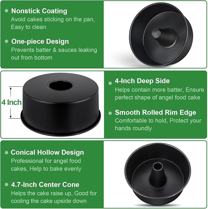 P&P CHEF Angel Food Cake Pan, 10 Inch Cake Pan Round Baking Tube Tin for Baking Pound Cakes, Conical Hollow & One-piece Design, Stainless Steel Core & Heavy-duty, Oven Safe - Black