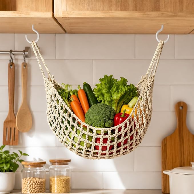 Hanging Fruit Hammock Under Cabinet with 4 Hooks - Macrame Boho Fruit Basket for Kitchen, Produce Net Storage to Save Counter Space, Ideal for Banana, Vegetable, Home, RV, Camper (Beige)