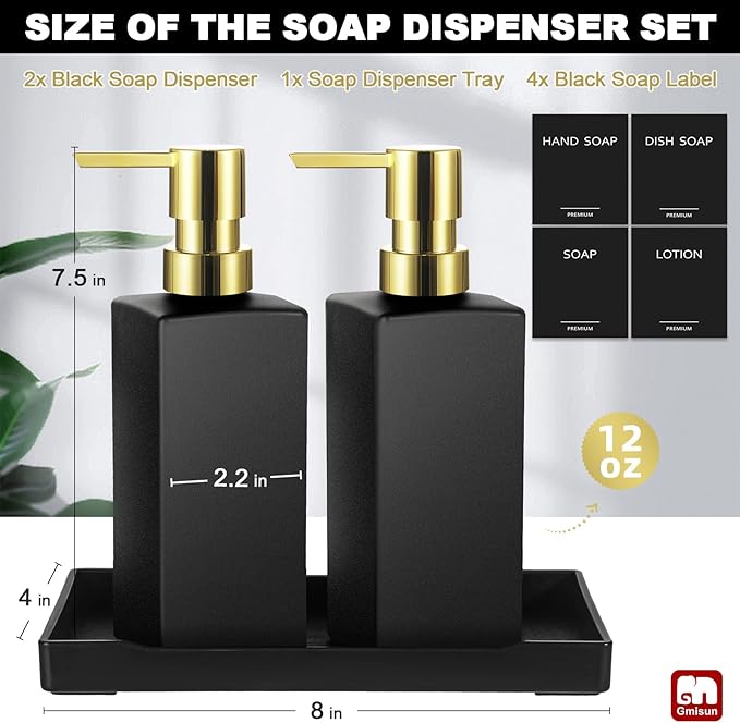 GMISUN Kitchen Soap Dispenser Set with Tray, Dish Soap Dispensers for Kitchen, 12fl oz/350ml Hand and Dish Soap Dispenser Set, Black Soap Dispensers with Gold Pump, Glass Liquid Soap and Lotion Bottle