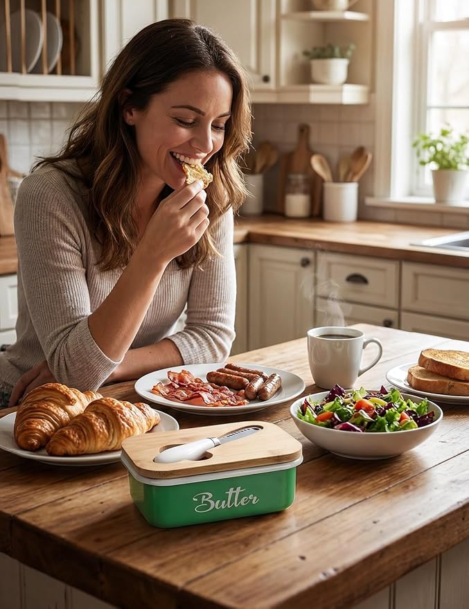 Butter Dish, Butter Dish with Lid for Countertop,Metal Butter Keeper with Stainless Steel Multipurpose Butter Knife, Large Butter Container with quality Silicone Good Kitchen Gift,Grass Green
