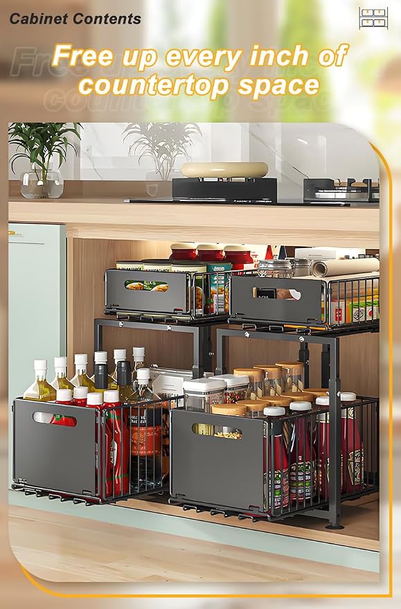Under Sink Organizer, Pull Out Cabinet Organizer 2 Tier Slide Out Sink Shelf Cabinet Storage Shelves, Under Sink Storage for Kitchen Bathroom Cabinet, Black, 1 Pack