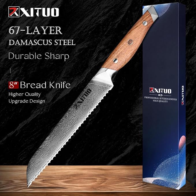XITUO 8-Inch Serrated Bread Knife – Damascus Steel Blade with Olive Wood Handle, Ultra Sharp Kitchen Slicer for Soft Bread, Pastries & Tomatoes, Ideal Gift for Chef Dad