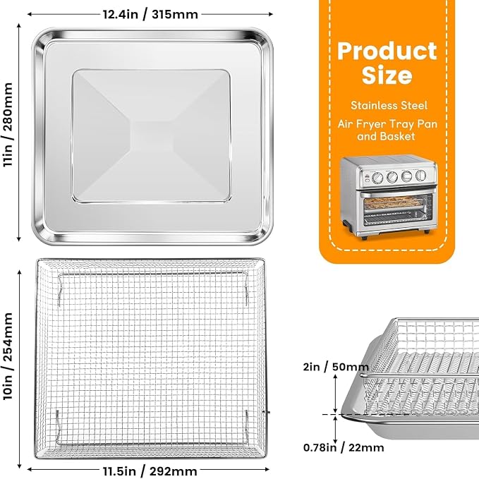 Air Fryer Basket Tray Replacement 2Pack for Cuisinart TOA-60 TOA-65 TOA-70, 2pcs 12.4 * 11'' Mesh Steel Basket Wire Rack Accessories, Dishwasher Safe