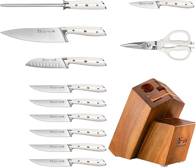 Cangshan Alps Series 1026665 German Steel Forged 12-Piece Knife Block Set, Acacia (White)