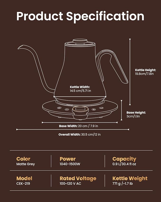 INTASTING Gooseneck Electric Kettle with Precise ±1℉ Temperature Control, Wood-Accented Handle, Stainless Steel Interior, Quick Heating Pour Over Kettle for Coffee & Tea, 0.9L, Matte Grey