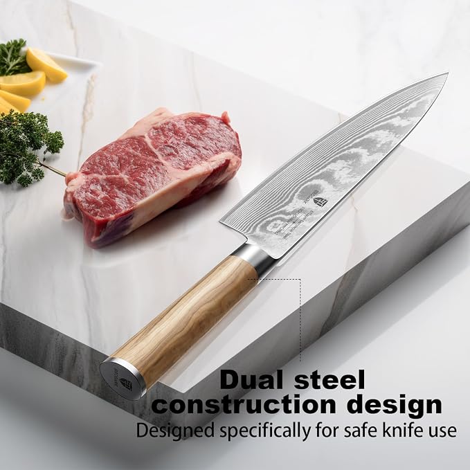 Damascus Chef Knife 8 Inch:Japanese Kitchen Knife with VG10 Steel Core,Ultra Sharp Professional Chef's Knife,Olive Wood Handle,High Carbon Stainless Steel Cooking Knife,Gift Box