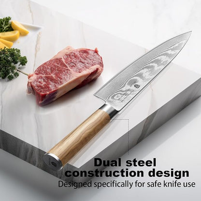 Damascus Chef Knife 8 Inch:Japanese Kitchen Knife with VG10 Steel Core,Ultra Sharp Professional Chef's Knife,Olive Wood Handle,High Carbon Stainless Steel Cooking Knife,Gift Box
