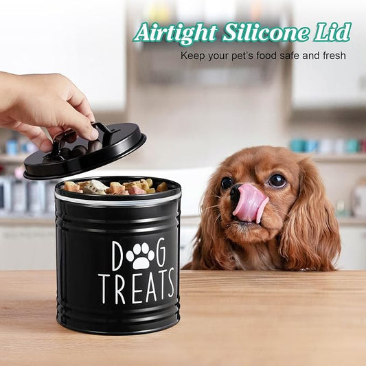 OUTNILI Large Dog Treat Container Airtight - 6.6" Tall X 6" Round Black Dog Treat Jar for Kitchen Counter - Rustic Treat Storage Canister for Dogs, Cats, Small Animals