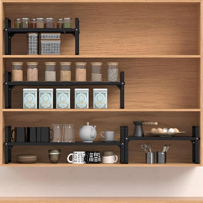 Expandable Cabinet Shelf Organizer Adjustable Metal Spice Rack Stackable Freestanding Counter Storage Shelves for Kitchen Cabinet Under Sink Office Desk (Black - 3Pack - L16.5-27'' * W8'' * H9.6'')
