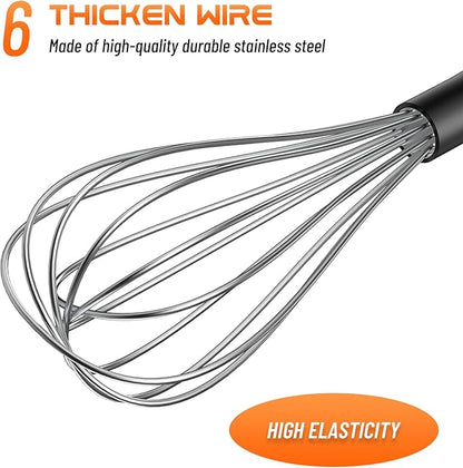 NileHome Silicone Whisk Set 8" 10" Kitchen Whisk Kitchen Wisk Wire Whisks for Cooking, Whisking, Blending, Beating, Stirring-Black Silver