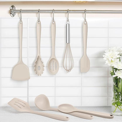 TeamFar Silicone Cooking Utensils Set, 8 PCS Kitchen Utensils Set, 446°F Heat Resistant, Turner, Spatula, Spoon, Whisk, Kitchen Cooking Gadgets Tools for Nonstick Cookware, Dishwasher Safe-Khaki