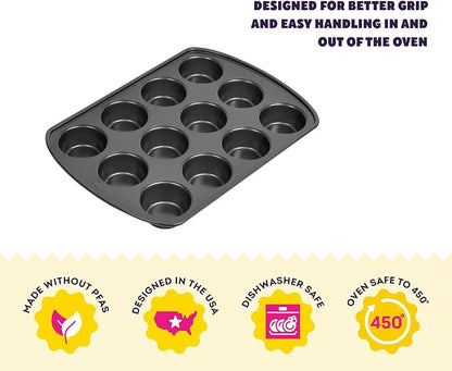 Wilton Gold Non-Stick Bakeware Muffin Pan-Baking Pan for Muffins & Cupcakes-Made Without PFAS,Dent Resistant&Dishwasher Friendly-Offers Even Heat Distribution-10.5 x 15 x 2 Inches, 12 Cup (Pack of 6)