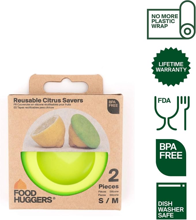 Food Huggers Set of 2 Reusable Silicone Food Savers - Small Sizes - Patented Product - Green and Yellow