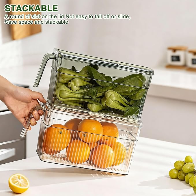 2 Pack Stackable Food Storage Produce Saver Containers for Refrigerator, Berry Keeper Boxes for Fridge with Removable Drain Tray Keep Fresh for Vegetables/Fruit (Clear&Green)