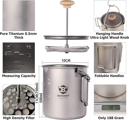 Bestargot Titanium Pot 750ml, Coffee French Press | Portable French Press, Ultralight, Camping Pot, Compatible with Camp Stoves
