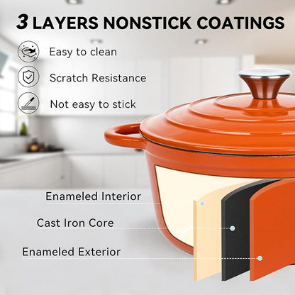 Miereirl 4.5 Quart Enameled Dutch Oven Pot with Lid, Cast Iron Dutch Oven with Dual Handles for Bread Baking, Cooking, Non-stick Enamel Coated Cookware (Orange)