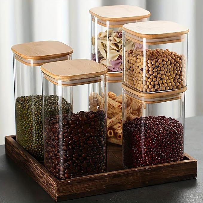 Glass Food Storage Jars with Airtight Lids, Clear Glass Jar with Bamboo Lid, Airtight Food Canister for Tea, Candy, Coffee, Sugar, Cookie, Snack. (Square | 5+6 Inch | 38+20 oz)