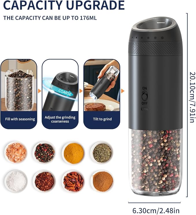 CIRCLE JOY Rechargeable Electric Salt and Pepper Grinder Set with Base, Automatic Pepper Mills with 110ml Container, External Adjustable Coarseness, White Led Light and One-Handed Operation, Black