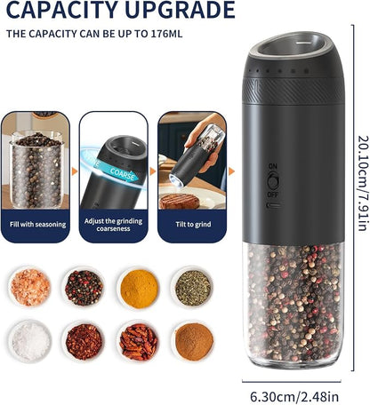 CIRCLE JOY Rechargeable Electric Salt and Pepper Grinder Set with Base, Automatic Pepper Mills with 110ml Container, External Adjustable Coarseness, White Led Light and One-Handed Operation, Black
