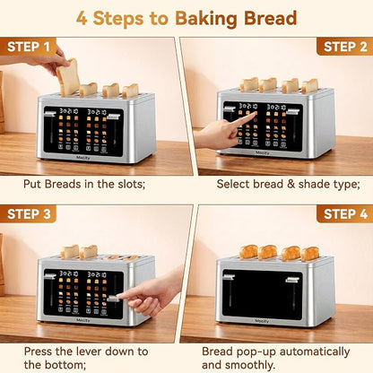 Mecity 4 Slice Touchscreen Toaster, 6 Bread Modes & 6 Browning Levels, Dual Touch Control Wide Slot Stainless Steel Electric Toaster with Memory, Defrost, 3-Min Auto Shutoff for White, Bagels, Waffles