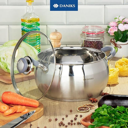 Daniks Modern 7 Quart Stainless Steel Stock Pot with Glass Lid, Tri-Ply Bottom for Even Heating, Induction Compatible, Dishwasher Safe, Heatproof Handles