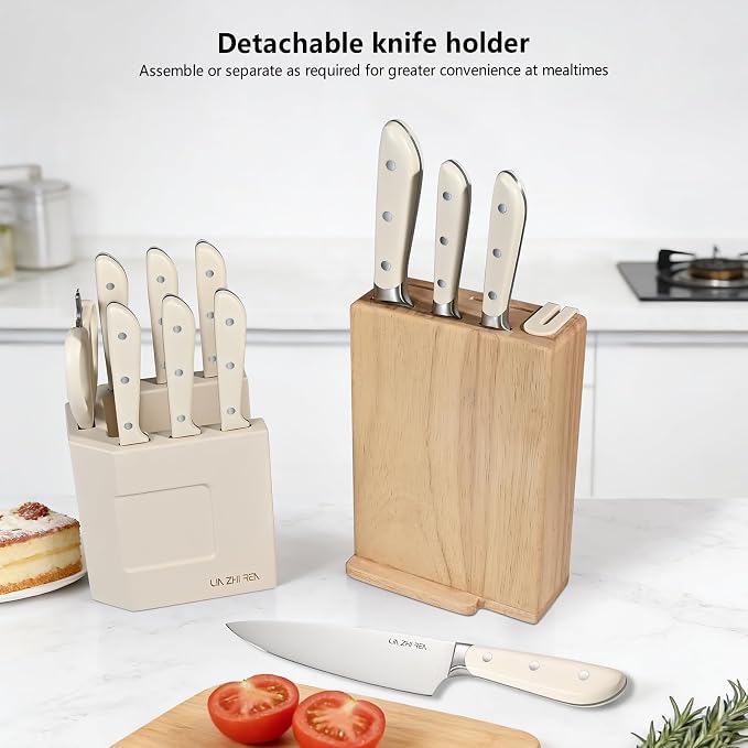 14-Piece Kitchen Knife Set with Detachable Block, High Carbon Stainless Steel Dishwasher Safe Knives, Includes Chef, Santoku, Bread, Steak Knives for Home Kitchen,White