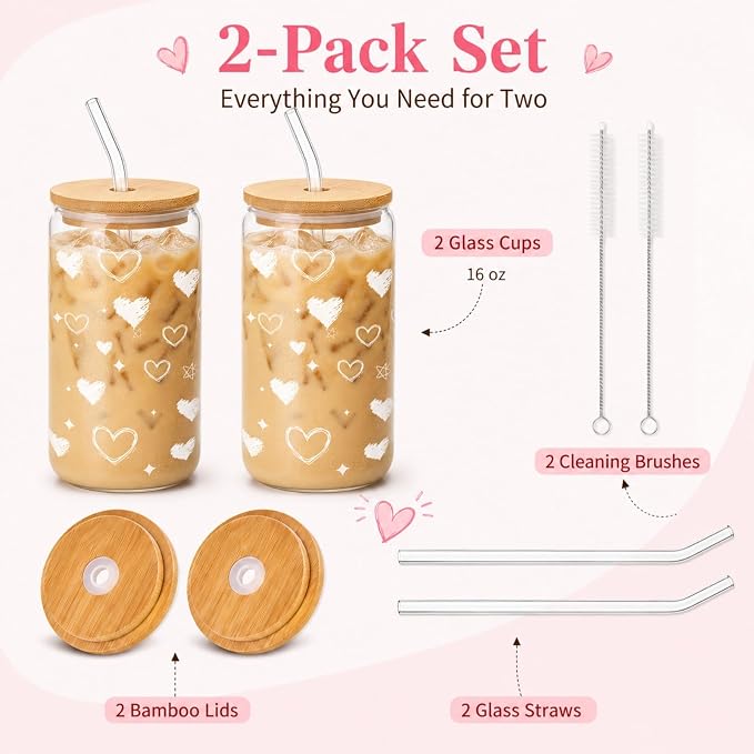 Glass Cups with Lids and Straws, 2 Pack Heart Glass Cups, 16 oz Borosilicate Iced Coffee Cups, Matching Drinkware for Best Friends, Couples, Birthday and Anniversary