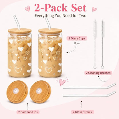 Glass Cups with Lids and Straws, 2 Pack Heart Glass Cups, 16 oz Borosilicate Iced Coffee Cups, Matching Drinkware for Best Friends, Couples, Birthday and Anniversary