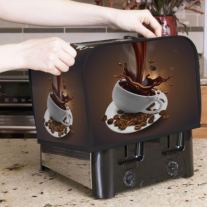 Brown Coffee Art Toaster Cover 4 Slice Wide Slot Washable Kitchen Appliance Covers Fingerprint Bread Machine Dust Cover Small Toaster Oven Accessories Covers Bread Maker Bag Women Gift