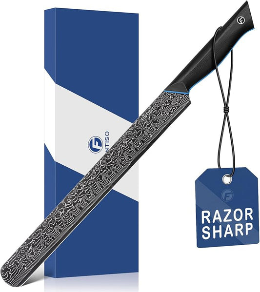 FINTISO Brisket Knife 11.6 Inch, 67-Layer Damascus Steel Carving Knife for Meat, Razor Sharp Japanese Slicing Knives for BBQ Roasts, Turkey, Ergonomic Full Tang G10 Handle - Zeus Series