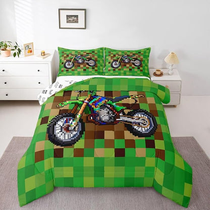 Manfei Cool Motorcycle Kids Comforter Toddler Size,Pixelated Geometric Grid Quilt Set for Kids Boys Girls Bedroom Decor,Miners Gamepad Bedding Set,Brown Green Duvet Insert,1 Pillowcase