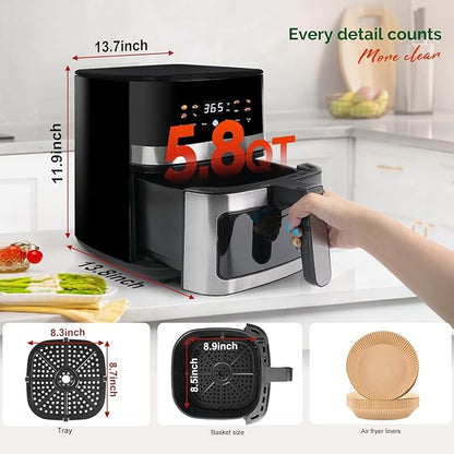 5.8QT Digital Air Fryer with Viewable Window, Air Frying, Reheat, Easy for Frozen Food, Snacks, Dinner, Large Square Basket than Round, Portable for Family & Apartment, Gift Box Included