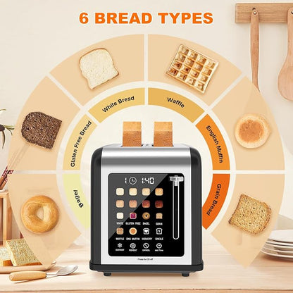 2 Slice Toaster Touch Screen, Stainless Steel Toasters Digital Timer 2 Slot Toasters, 8 Shade Settings 6 Bread Types for Bagel, Cancel, Defrost (Black)